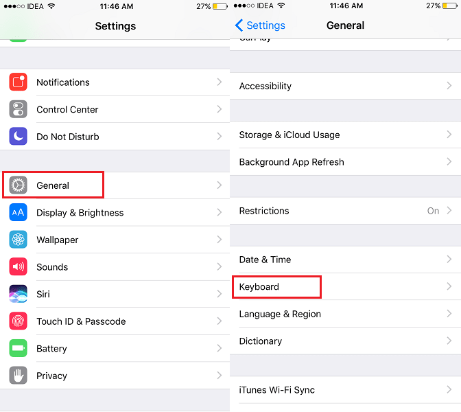 إعدادات لوحة مفاتيح iOS