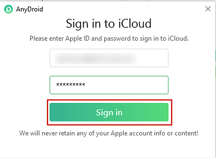 AnyDroidはiCloudパネルにサインインします