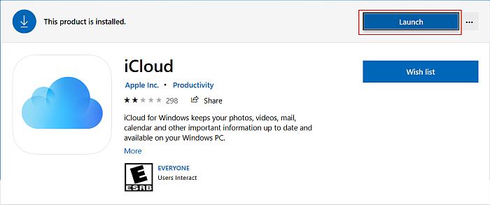Az iCloud részletes oldala a Microsoft Store-ban