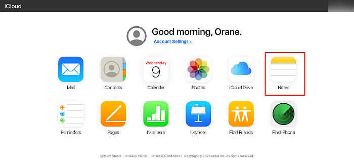 Página inicial do iCloud