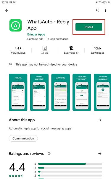 Strona szczegółów aplikacji Whatsappauto-odpowiedź w Google Play