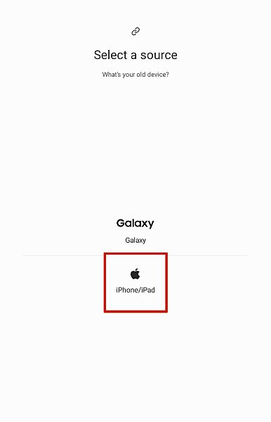 Pantalla de selección de fuente del Smart Switch de Samsung