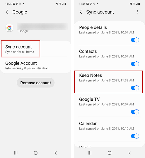 Opcja Zachowaj notatki w ustawieniach konta Android Sync