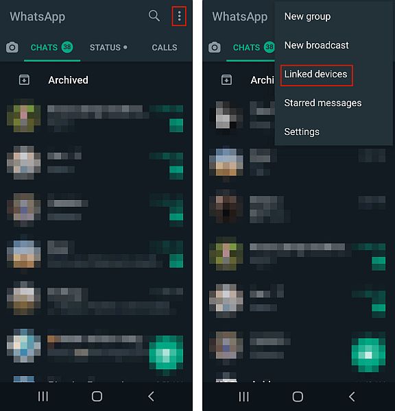 Toegang tot vervolgkeuzemenu in WhatsApp mobiele websessie