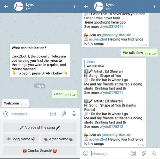 cool bot στο Telegram - lyric