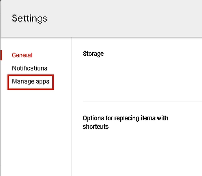 Indstillinger for Google Drive på skrivebordet med indstillingen administrer apps fremhævet