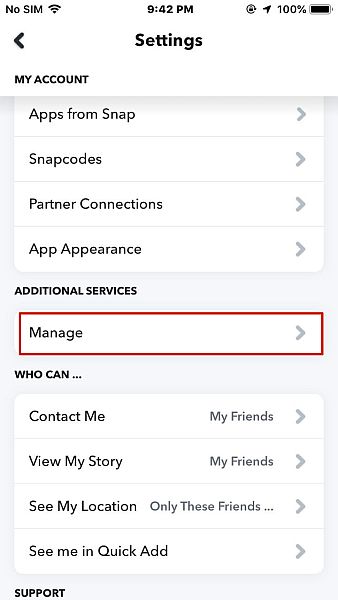 Snapchat-Einstellungen auf dem iPhone mit hervorgehobener Registerkarte „Verwalten“.
