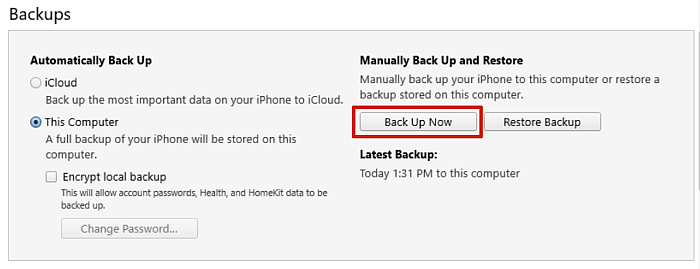 Seção de backup do resumo do iPhone no itunes com o botão fazer backup agora realçado