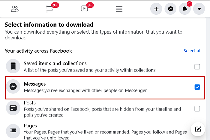 Selecionando mensagens do facebook para download de informações