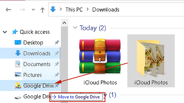 trascinando la cartella delle foto di icloud nella cartella di Google Drive in Windows Explorer