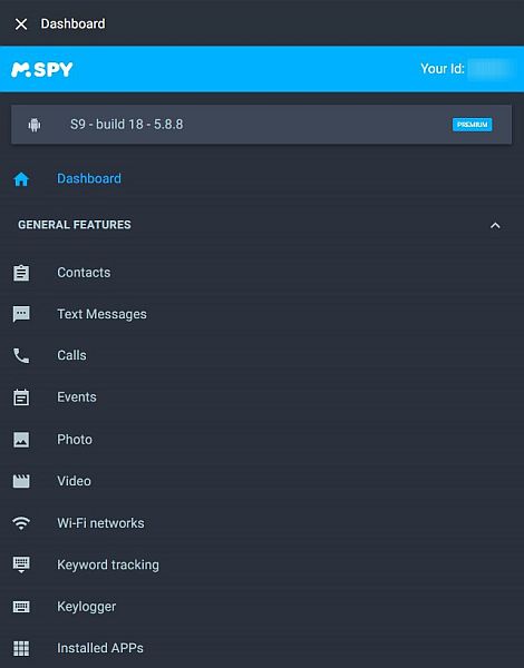 Pasek menu Mspy Dashboard pokazujący ogólne funkcje mspy