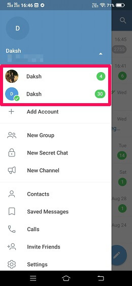 dos cuentas de telegram añadidas en android
