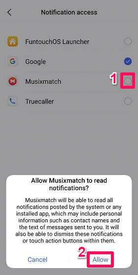 autorizzazione di notifica a musixmatch
