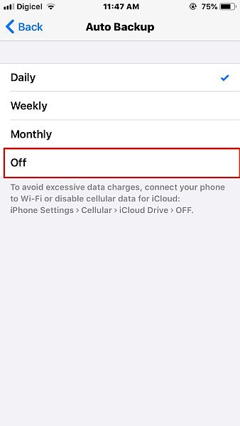 Automaattisen varmuuskopioinnin poistaminen käytöstä whatsappissa iOS:lle