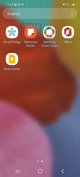 Avvio di Samsung Notes dalla schermata iniziale di Android
