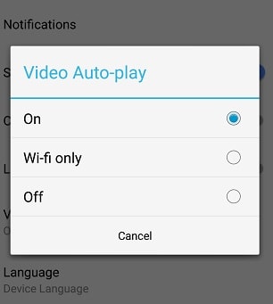 opção para desativar a reprodução automática de vídeos no Facebook android