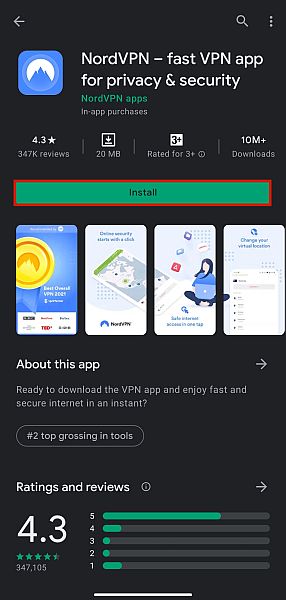 Application NordVPN sur Play Store