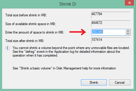 Windows에서 포맷하지 않은 파티션 하드 디스크 - 볼륨 크기