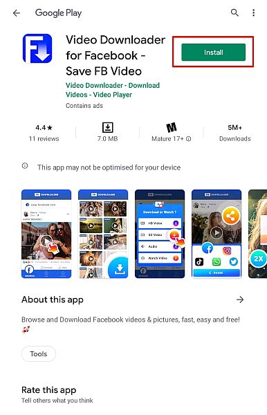 Stránka s podrobnostmi o aplikaci Video Downloader pro Facebook v Obchodě Play se zvýrazněným tlačítkem instalace