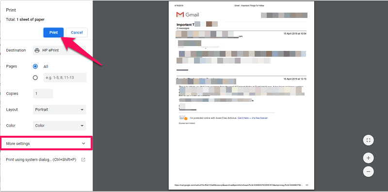 hvordan skrive ut e-post i gmail