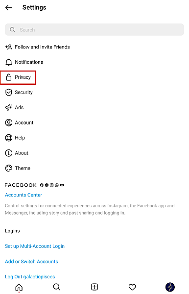 Captura de tela da página de configurações do Instagram com a opção Privacidade destacada