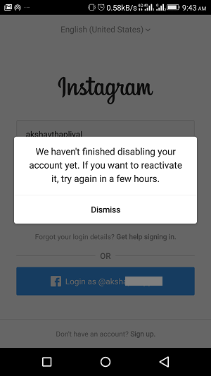 ongelma kirjautumisessa Instagram-tilin väliaikaisen poistamisen jälkeen - yritä uudelleen muutaman tunnin kuluttua