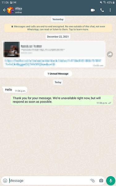 Afwezigheidsbericht zoals te zien in whatsapp-chatthread
