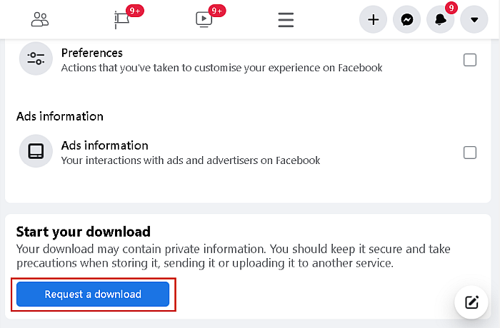 在 Facebook 帐户信息下载功能中请求下载按钮