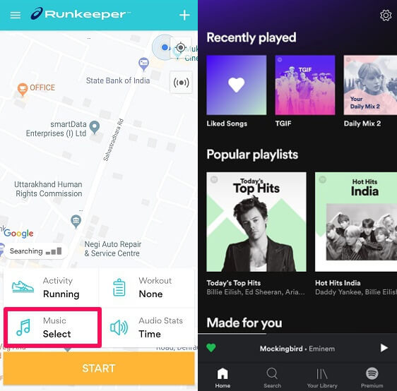 aplicativo em execução que funciona com o Spotify - runkeeper