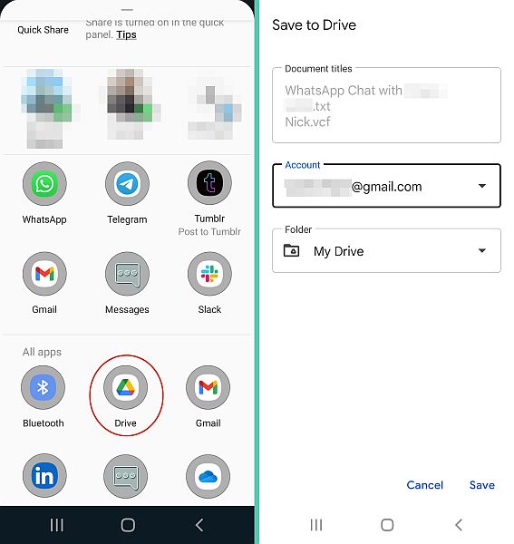 Sparar WhatsApp-chatt på Google Drive