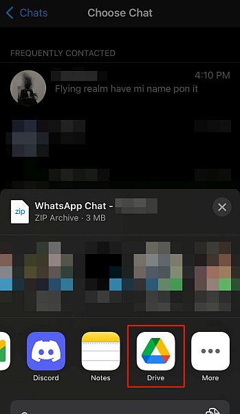 Sdílení exportovaného chatu whatsapp prostřednictvím disku Google v systému ios