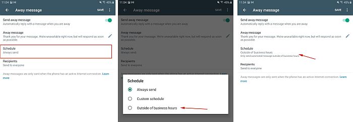 Planification de la réponse automatique dans WhatsApp pour les entreprises