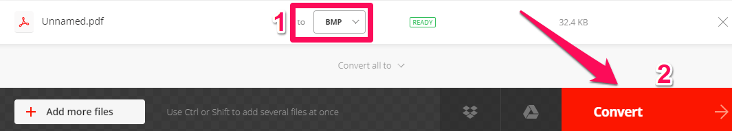 sélectionnez le format bmp et convertissez le fichier en convertio