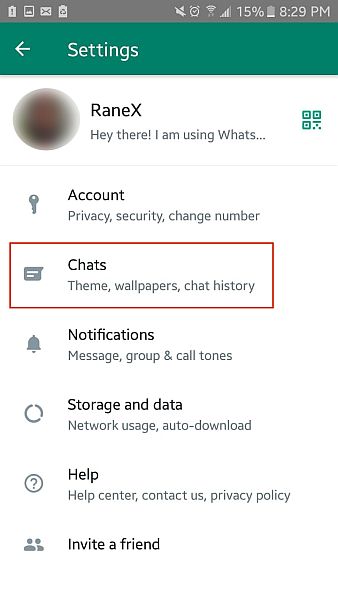Whatsapp-asetukset chat-vaihtoehto korostettuna