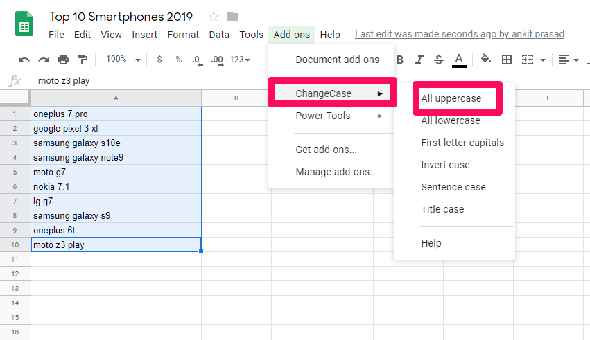selecteer gegevens en wijzig hoofdletters in Google Spreadsheets