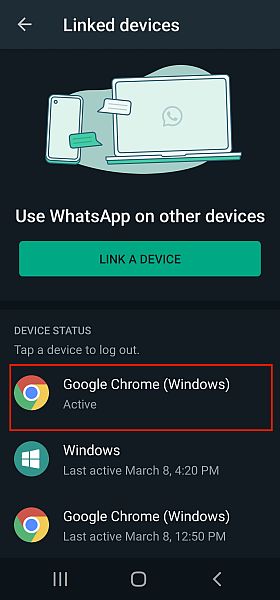Lijst met gekoppelde apparaten in WhatsApp