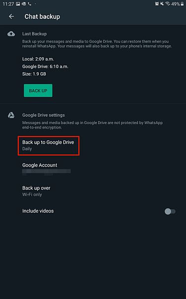 Inställningar för säkerhetskopiering av chatt för whatsapp för Android med alternativet för säkerhetskopiering till Google Drive markerat