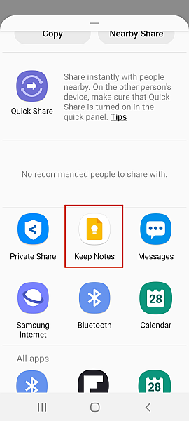 Selezione di Google Keep Notes nel caricamento del file Samsung Notes