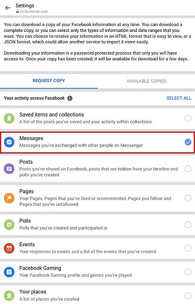 페이스북 메신저 앱 내 정보 다운로드 옵션 페이지에서 메시지 선택