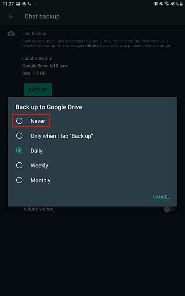 Options de sauvegarde sur Google Drive dans WhatsApp pour Android