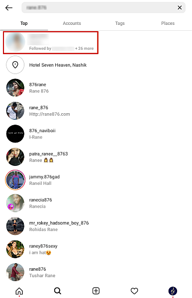 Screenshot einer Instagram-Suchergebnisseite für eine Instagram-Benutzersuche