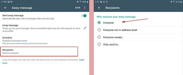 Выбор получателей для сообщения об отсутствии в WhatsApp Business
