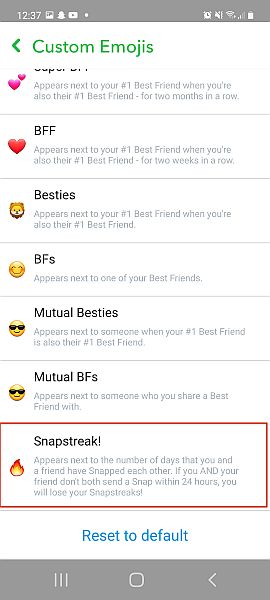 Snapstreak seçeneğinin vurgulandığı Snapchat özel emoji sekmesi