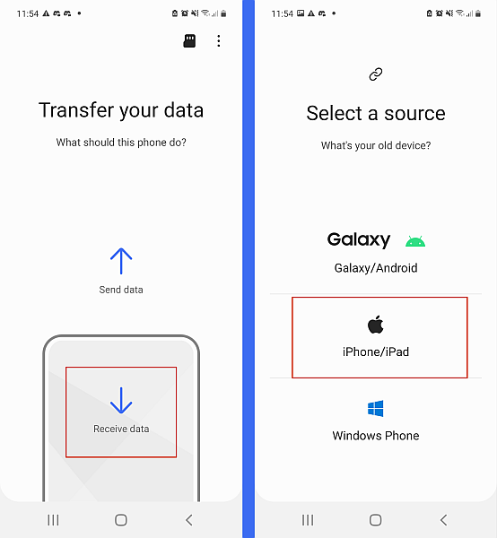 Samsung smart switch transfere sua tela de dados e seleciona uma tela de origem