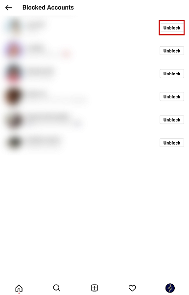 A screenshot of Blocked Accounts page in Instagram with the unblock button highlighted
