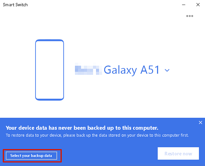 Avviso di backup dei dati dello smart switch Samsung con il pulsante Seleziona i dati di backup evidenziato