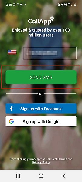 Callapp signup screen in samsung phone