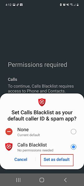 デフォルトの発信者IDとスパムアプリとして設定された通話ブラックリストの設定を求める通話ブラックリストポップアップ