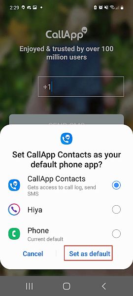 Callapp pop up in android asking to set callapp as a default phone app