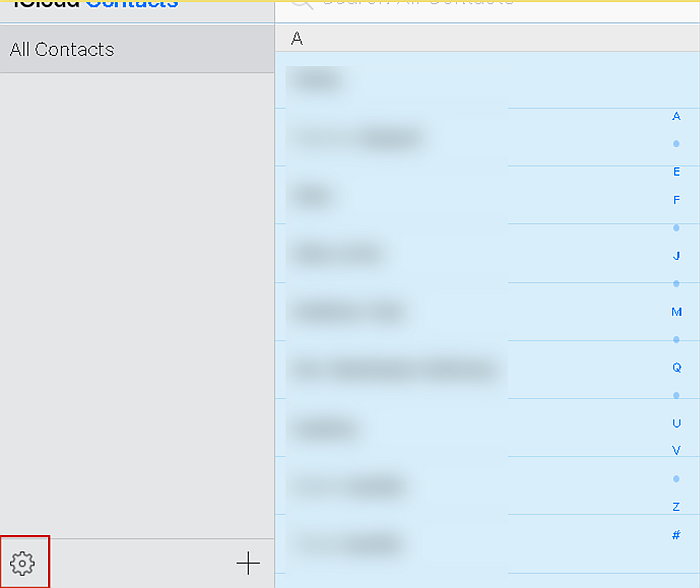 iCloud-Bildschirm „Alle Kontakte“ mit hervorgehobener Schaltfläche „Einstellungen“.